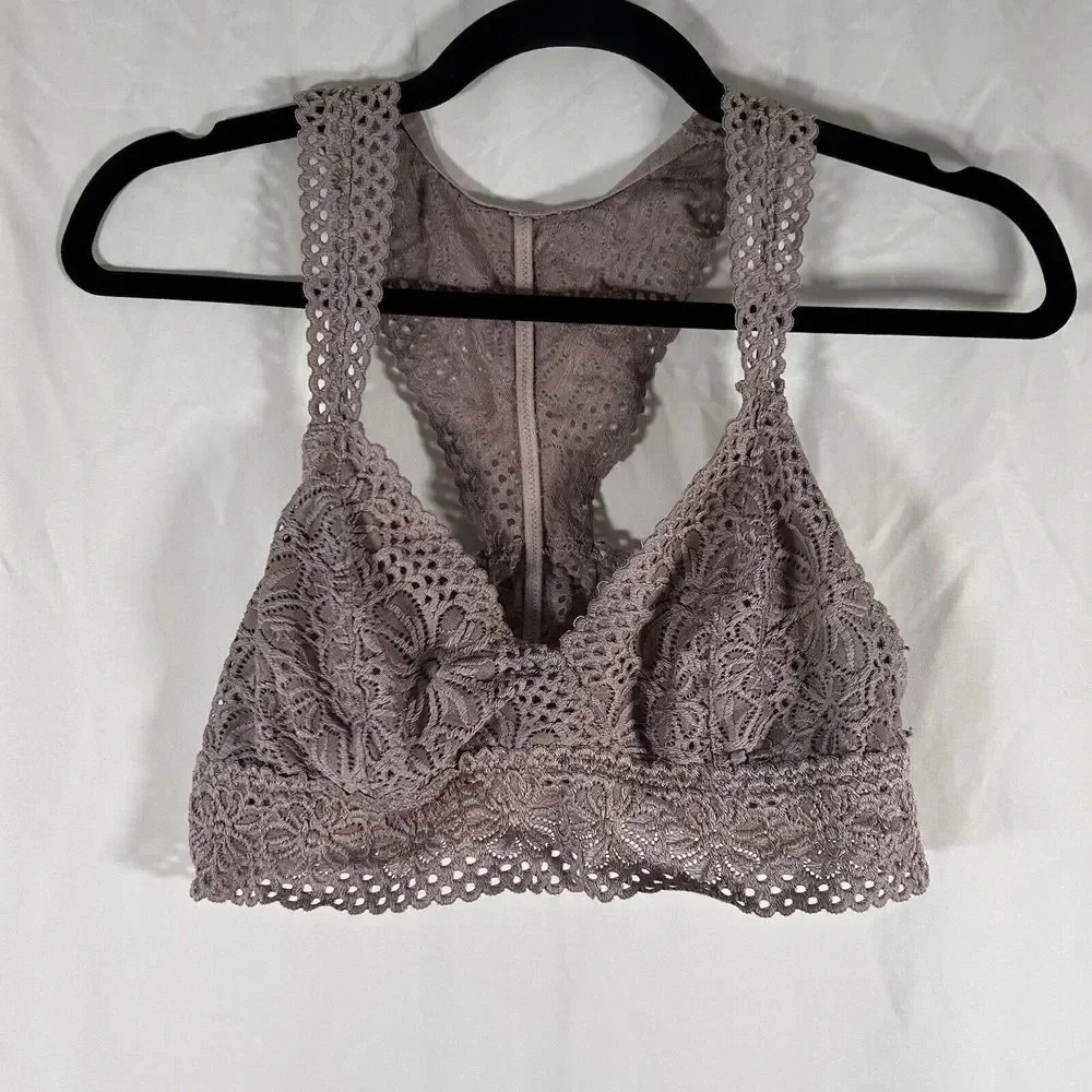 aerie Bralette Women's Large Dark Pink Floral Lace Open Knit Straps Pull On